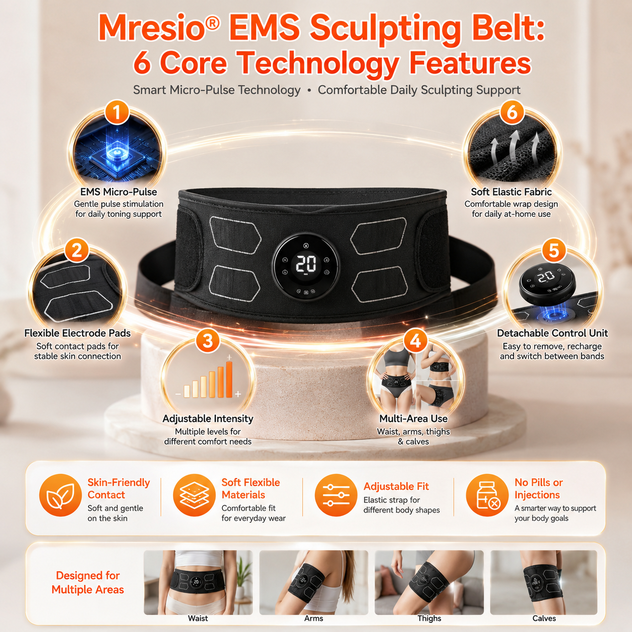 🥭Mresio® Smart Micro-Pulse EMS Sculpting Belt – Waist, Arms, Thighs & Calves Toning Support