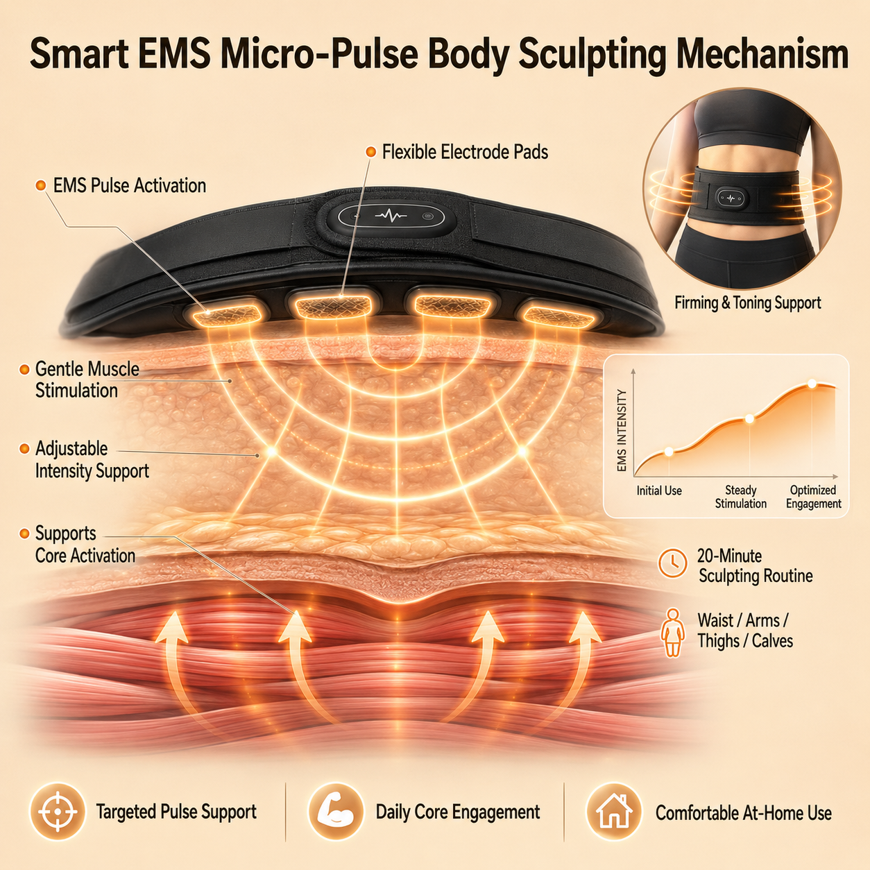🥭Mresio® Smart Micro-Pulse EMS Sculpting Belt – Waist, Arms, Thighs & Calves Toning Support